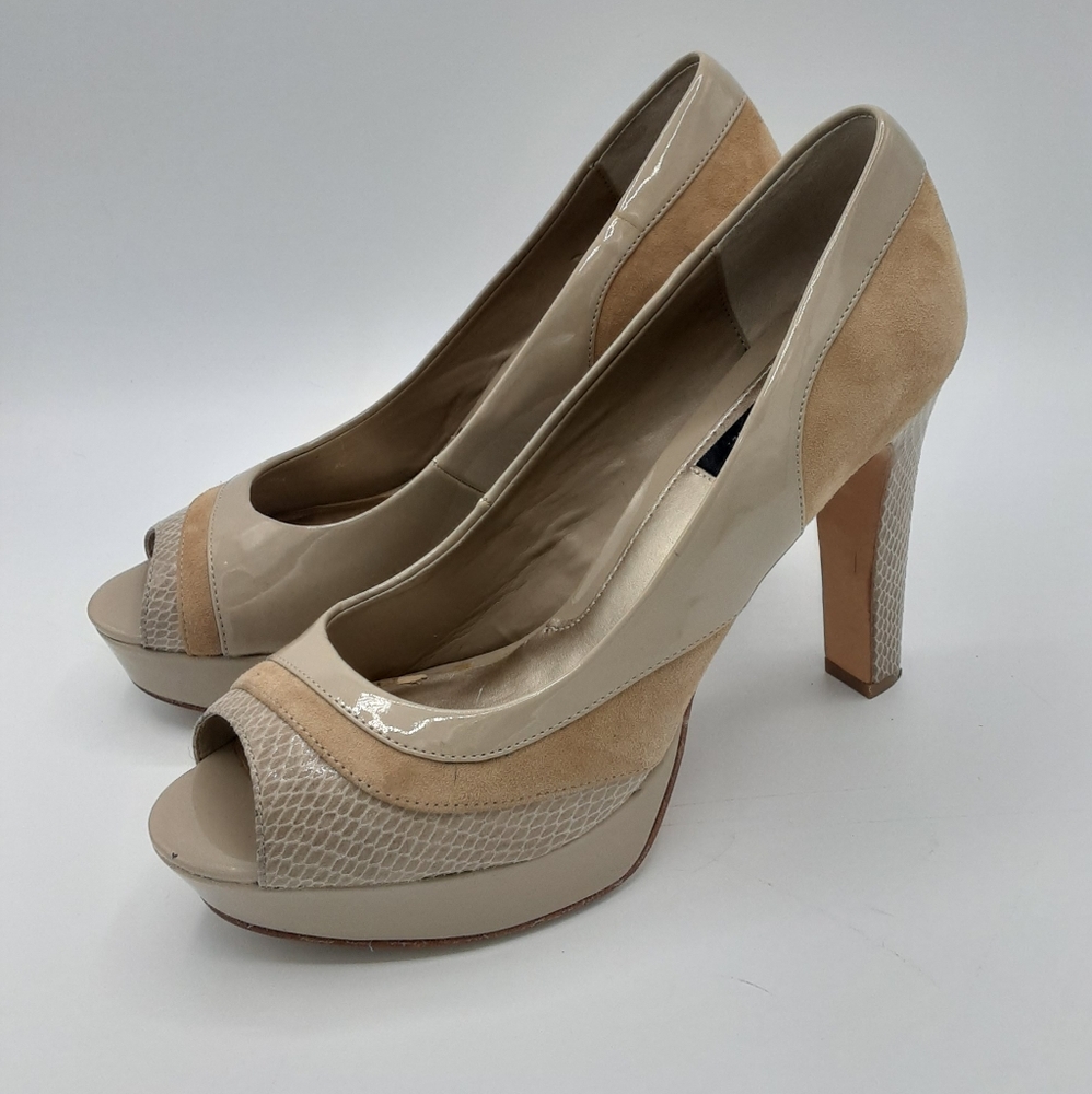White House Black Market Suede Leather Peep Toe Pump.